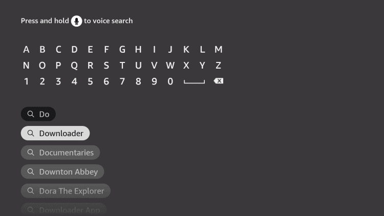 Search for the Downloader app using the on-screen keyboard
