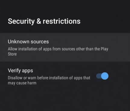 Select the Unknown sources option from the Security & Restrictions menu