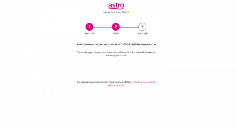 Get a verification email from Astro IPTV