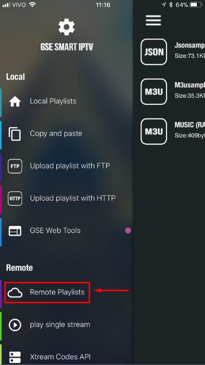 Select the Remote Playlists option to add the BD Streamz M3U URL
