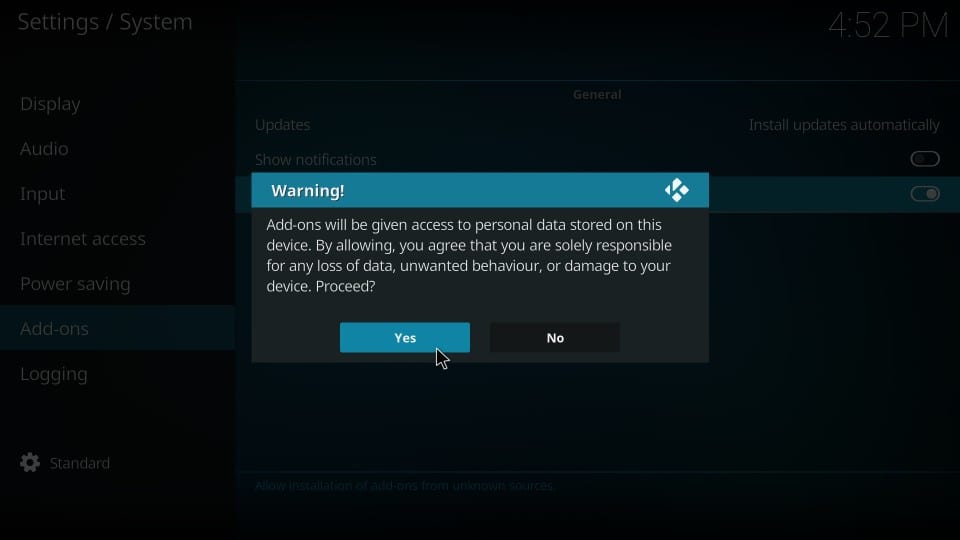 Select Yes in the Warning box