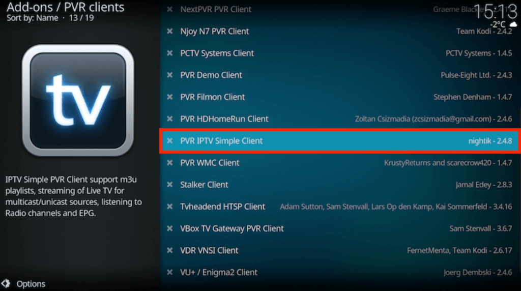 Select PVR IPTV Simple Client to stream Comstar IPTV