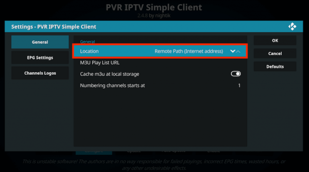 Select Remote Path(Internet address) to stream Dynasty IPTV