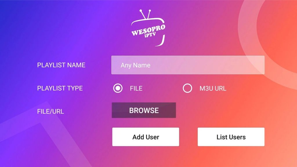 Select the Add User button in the Wesopro IPTV app