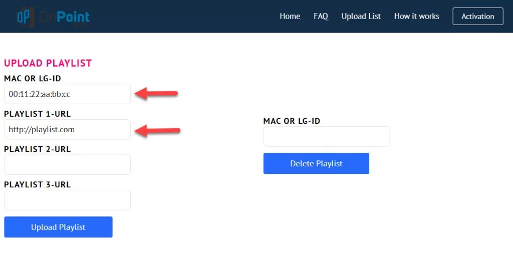 Select Upload Playlist option to activate OnPoint IPTV