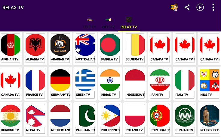 Choose any country to access Relax IPTV channel playlist