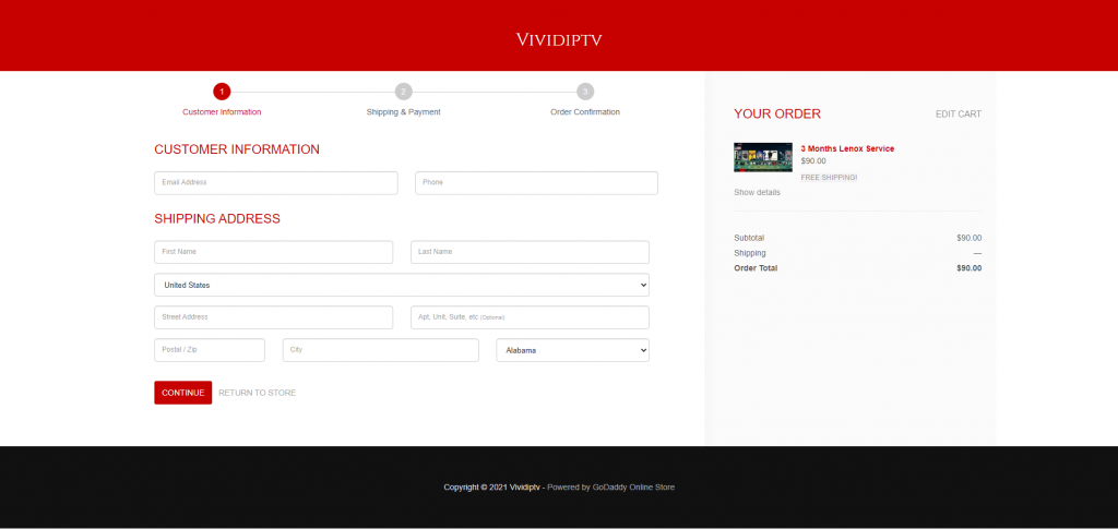 Click on Continue button the Vivid IPTV Order page
