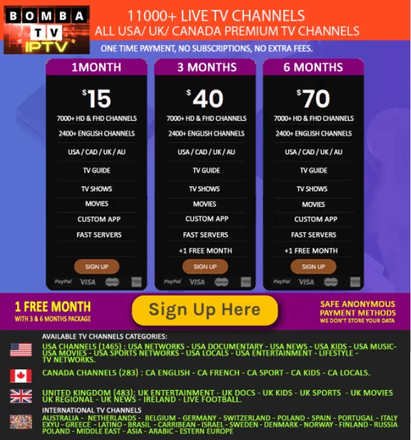 Select the Sign Up Here button in the Bomba IPTV website