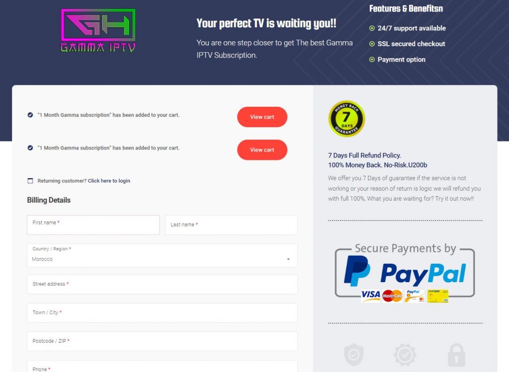 Provide the Gamma IPTV billing details