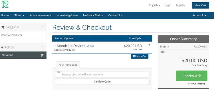 Click on Checkout in the Reactive IPTV Checkout page