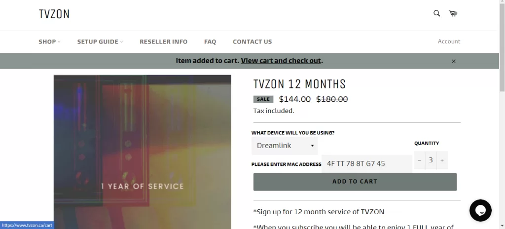 Click on the add to Cart button to get the TVZON IPTV subscription