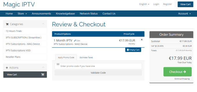 Provide the Review & Checkout page of the Magic IPTV website