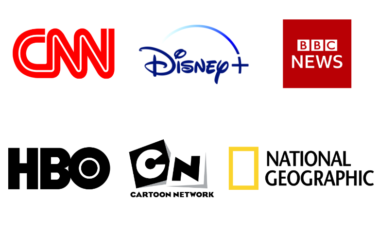 CNN, Disney +, BBC news, HBO, Cartoon Network, National Geographic