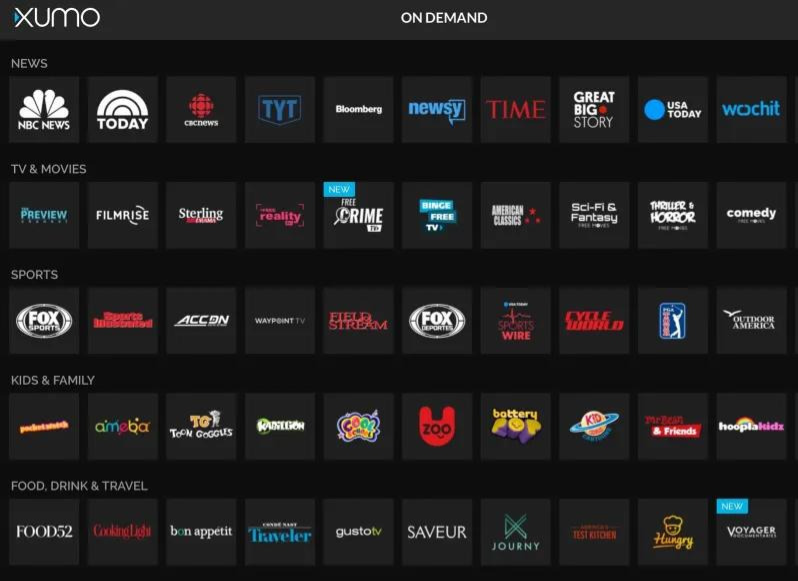 list of channels like NBC news, today, Preview, Filmrise, Fox sports, Accon, etc. on XUMO TV