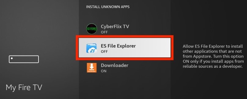 Enable ES File Explorer to install Gears TV Reloaded
