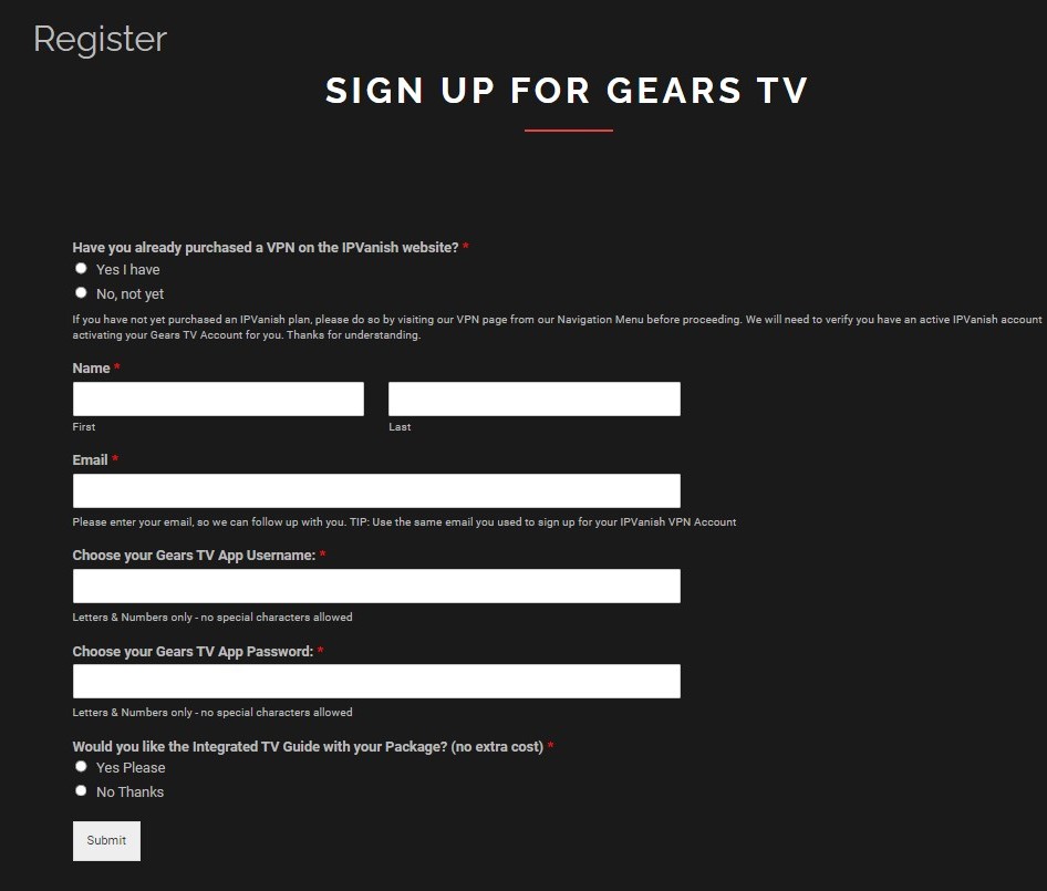 Sign up for Gears TV