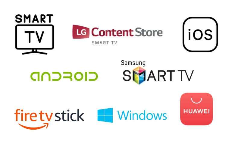 Smart TV, LG content store, iOS, Android, Samsung smart TV, Firestick, Windows, Huawei app gallery.