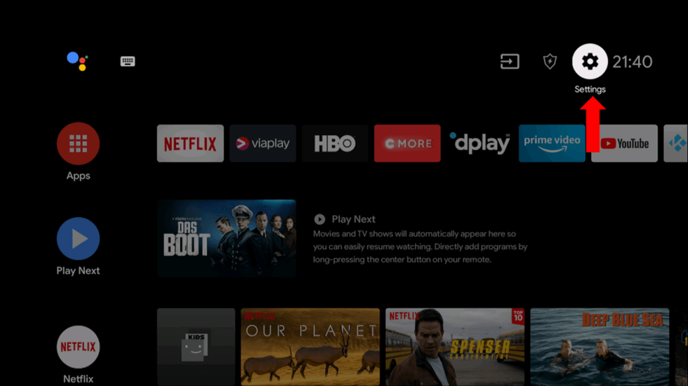 Settings option on Android TV