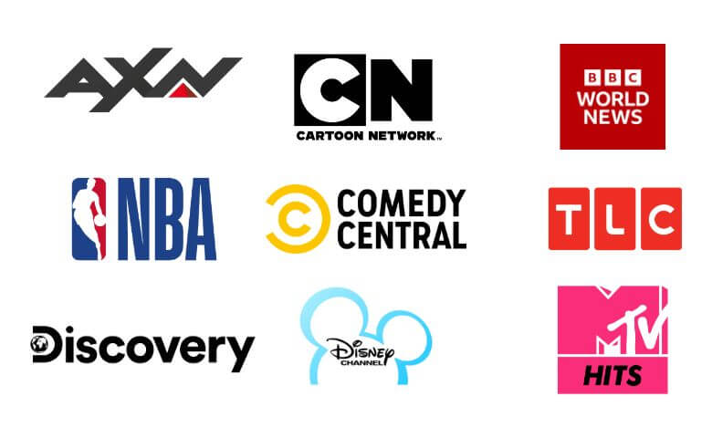 AXN, Cartoon network, BBC, NBA, TLC, Discovery, Disney, MTV, Comedy central.