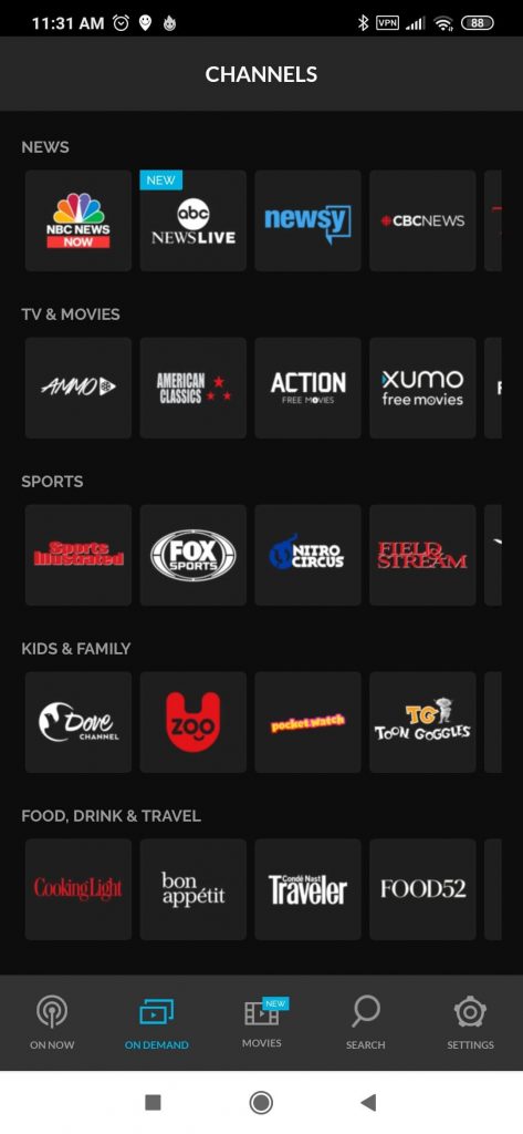 XUMO TV app's channel category.