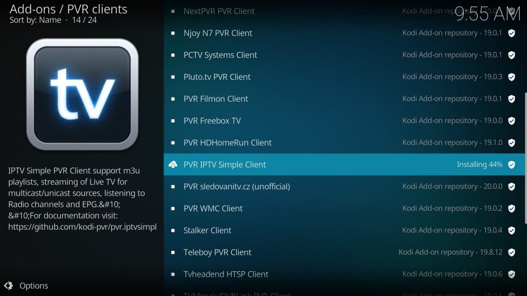 PVR IPTV Simple Client add-on on Kodi