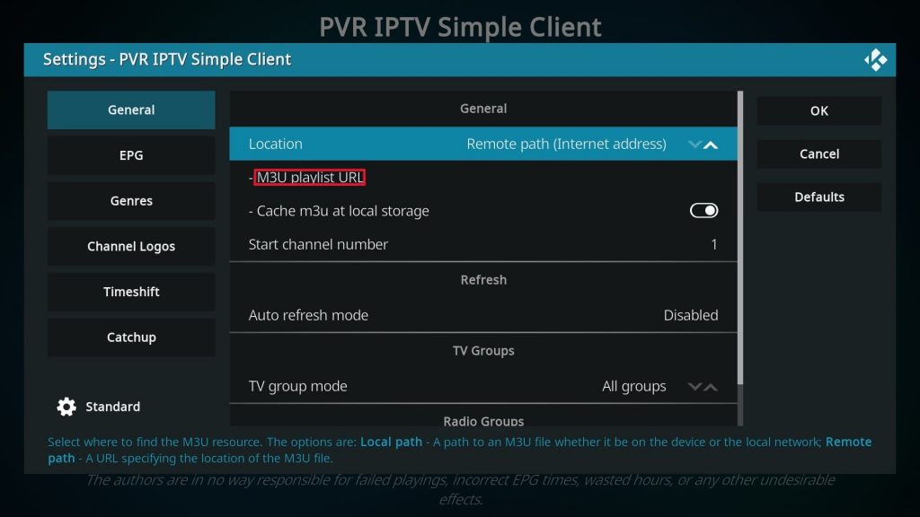 PVR IPTV Simple Client add-on Settings page on Kodi