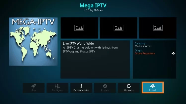 Click Install to install the Mega IPTV Addon