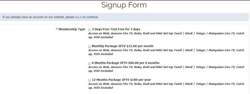 Tamil IPTV Signup form