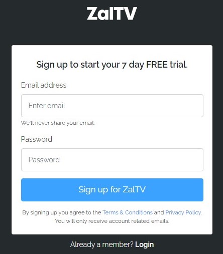 Sign up ZalTV Player