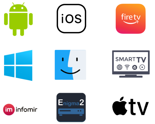 IPTV Main - Supported Devices: Android, iOS, Firestick, Mac, Windows, Smart TV, MAG, Enigma2 and Apple TV
