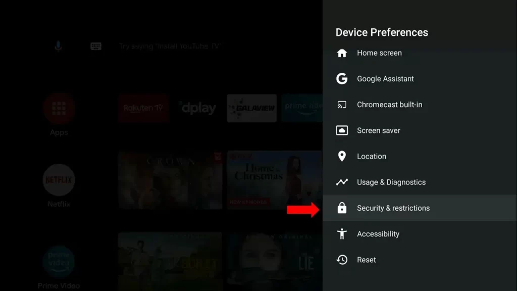 Click on Security & Restrictions option - IPTV on Toshiba Smart TV