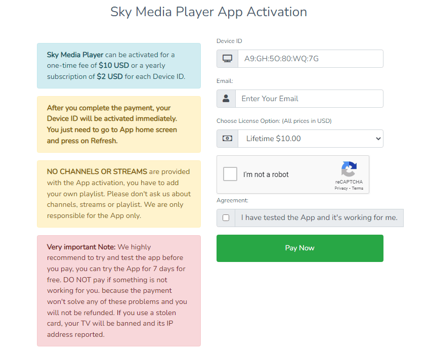 Sky Media Player Activation