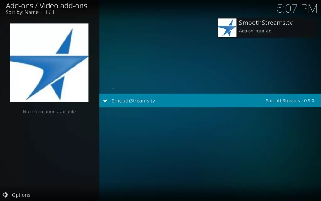 SmoothStreams.tv add-on installed
