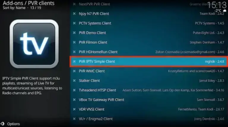 select the PVR IPTV Simple client option.