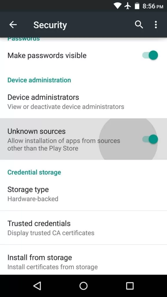 Select the Unknown sources option